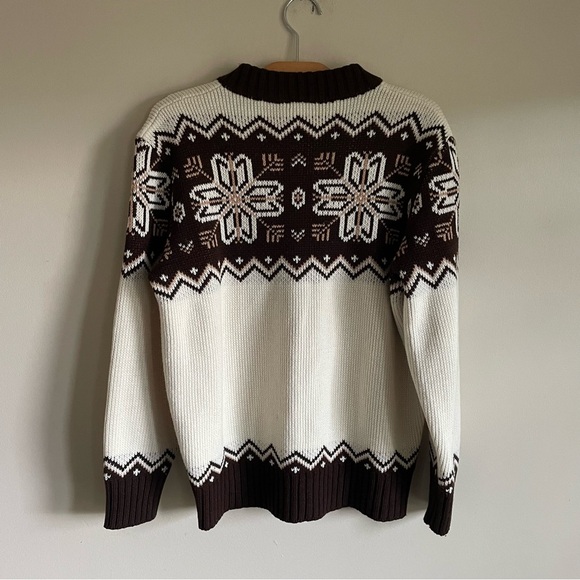 Vintage St Michael Zip Up Knit Cardigan Sweater UK Snowflake Brown Cream Mens - Picture 2 of 10